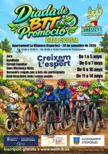 Afiș oficial pentru Diada de BTT Promoció, cu copii pe biciclete de munte și mascota Ermassets