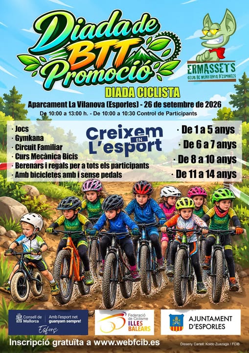 Afiș oficial pentru Diada de BTT Promoció, cu copii pe biciclete de munte și mascota Ermassets
