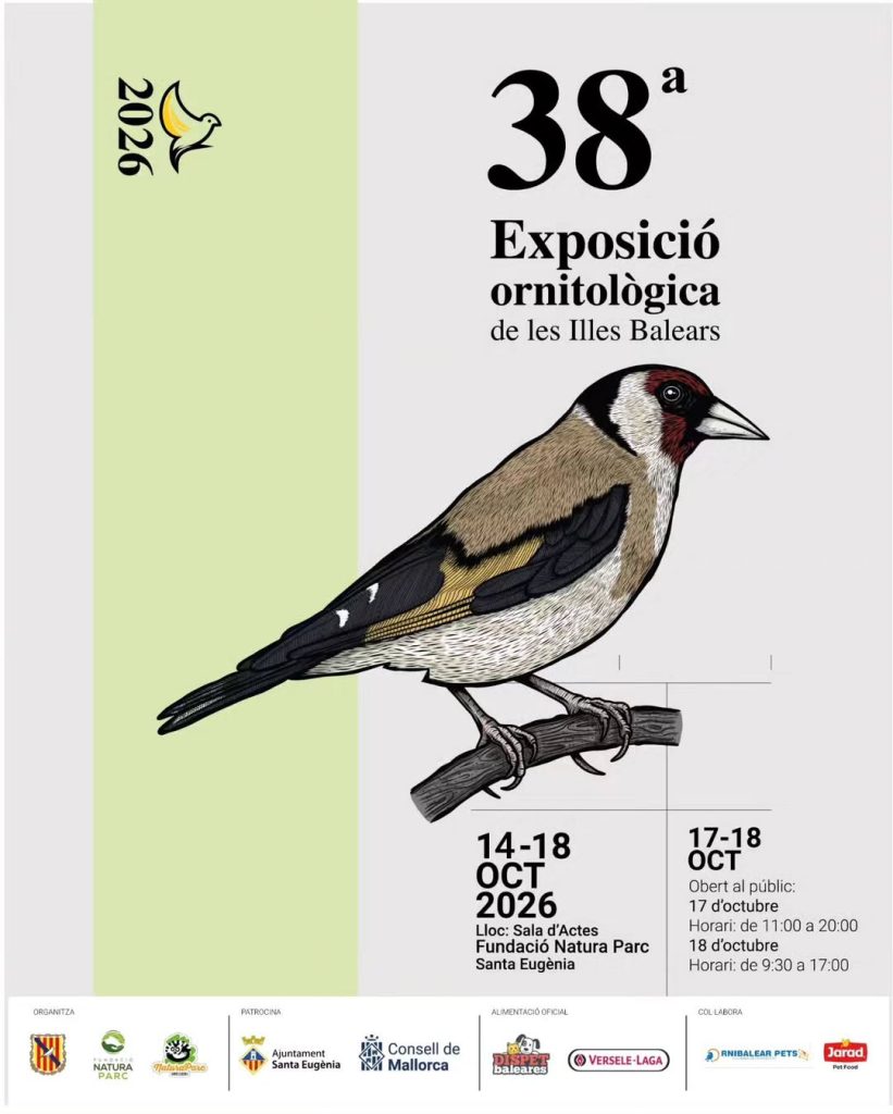 Afișul celei de-a 38-a Exposició Ornitològica de les Illes Balears, cu ilustrația unui sticlete